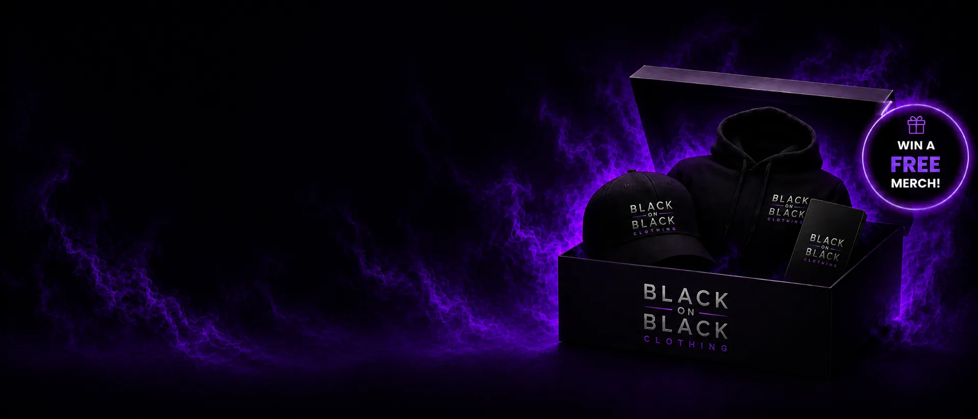 BOBC giveaway banner with black merch box, hoodie, hat, and free merch badge